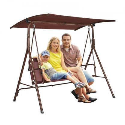 3-Person Patio Swing Chair, Outdoor Patio Swing with Adjustable Canopy, Porch Swing with Armrests, Teslin Fabric and Alloy Steel Frame, for Balcony, Backyard, Patio, Garden, Poolside, Brown