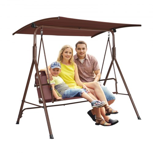 3-Person Patio Swing Chair, Outdoor Patio Swing with Adjustable Canopy, Porch Swing with Armrests, Teslin Fabric and Alloy Steel Frame, for Balcony, Backyard, Patio, Garden, Poolside, Brown