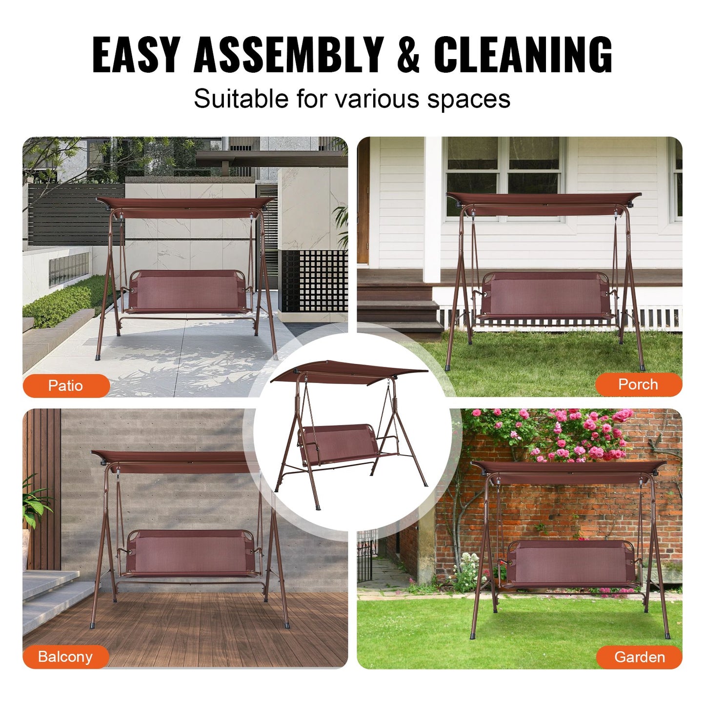 3-personers uteplatsgunga, utomhusuteplatsgunga med justerbart tak, verandagunga med armstöd, teslintyg och legeringsstålram, för balkong, bakgård, uteplats, trädgård, poolside, brun