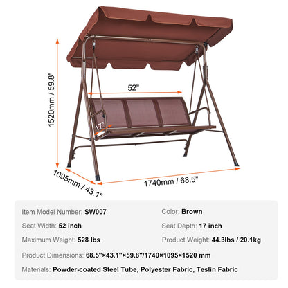 3-Seat Patio Swing Chair, Outdoor Patio Swing with Adjustable Canopy, Porch Swing with Armrests, Teslin Fabric and Alloy Steel Frame, for Balcony, Backyard, Patio, Garden, Poolside, Brown