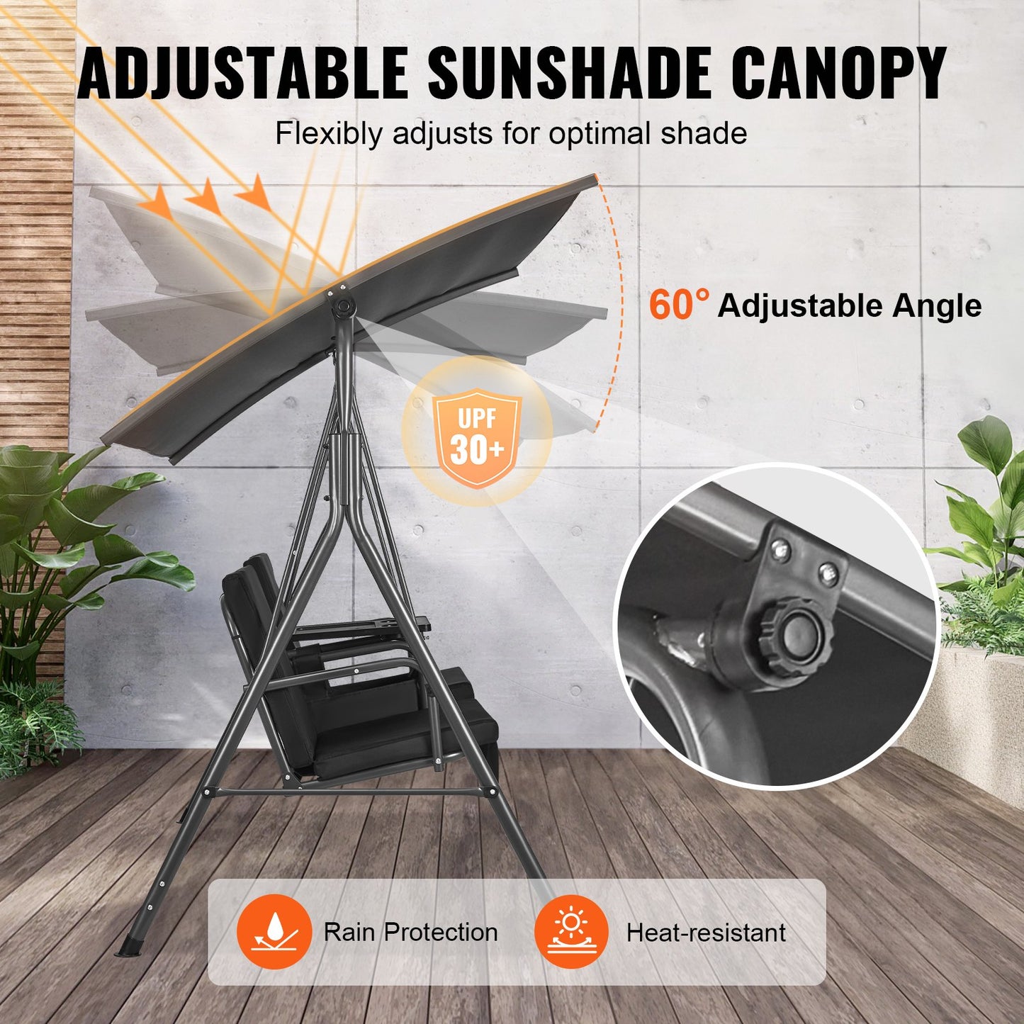 2-sitsig gungstol för uteplats, utomhusgunga med justerbart tak, verandagunga med förvaringsväska och roterande bricka, ram i oxfordtyg och legerat stål, för balkong, bakgård, pool, svart