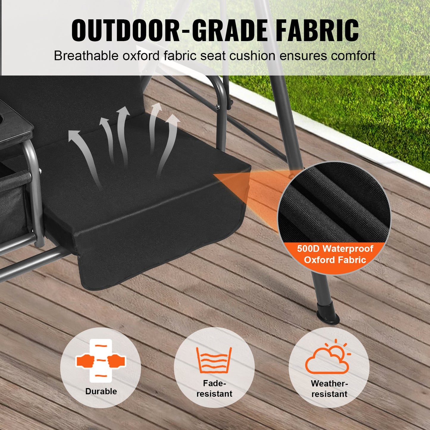 2-sitsig gungstol för uteplats, utomhusgunga med justerbart tak, verandagunga med förvaringsväska och roterande bricka, ram i oxfordtyg och legerat stål, för balkong, bakgård, pool, svart