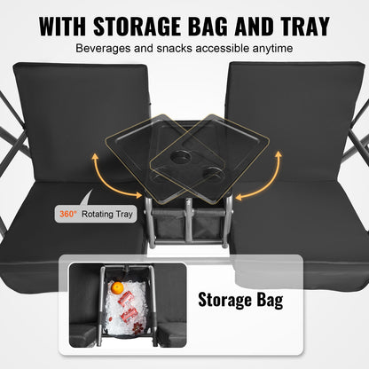 2-sitsig gungstol för uteplats, utomhusgunga med justerbart tak, verandagunga med förvaringsväska och roterande bricka, ram i oxfordtyg och legerat stål, för balkong, bakgård, pool, svart