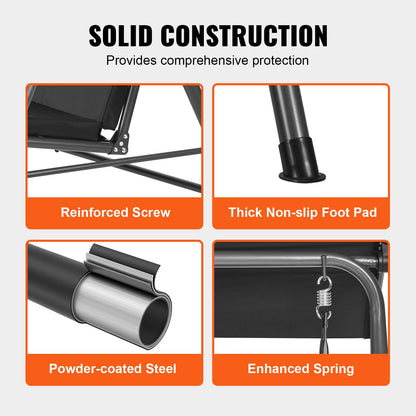 2-sitsig gungstol för uteplats, utomhusgunga med justerbart tak, verandagunga med förvaringsväska och roterande bricka, ram i oxfordtyg och legerat stål, för balkong, bakgård, pool, svart