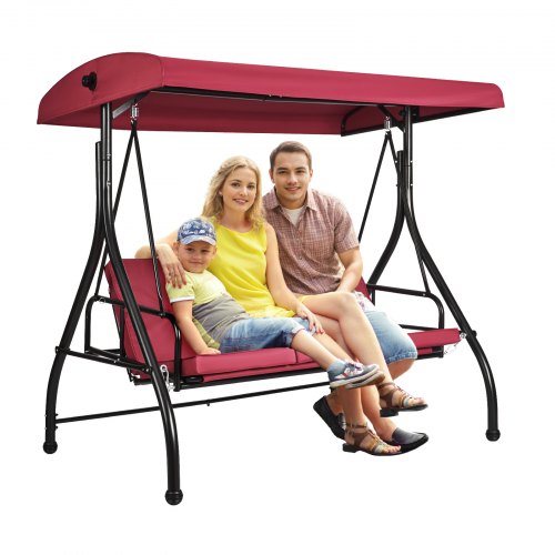3-Seat Patio Swing Chair, Converting Canopy Swing, Outdoor Patio Porch with Adjustable Canopy, Removable Thick Cushion and Alloy Steel Frame, for Balcony, Backyard, Poolside, Burgundy