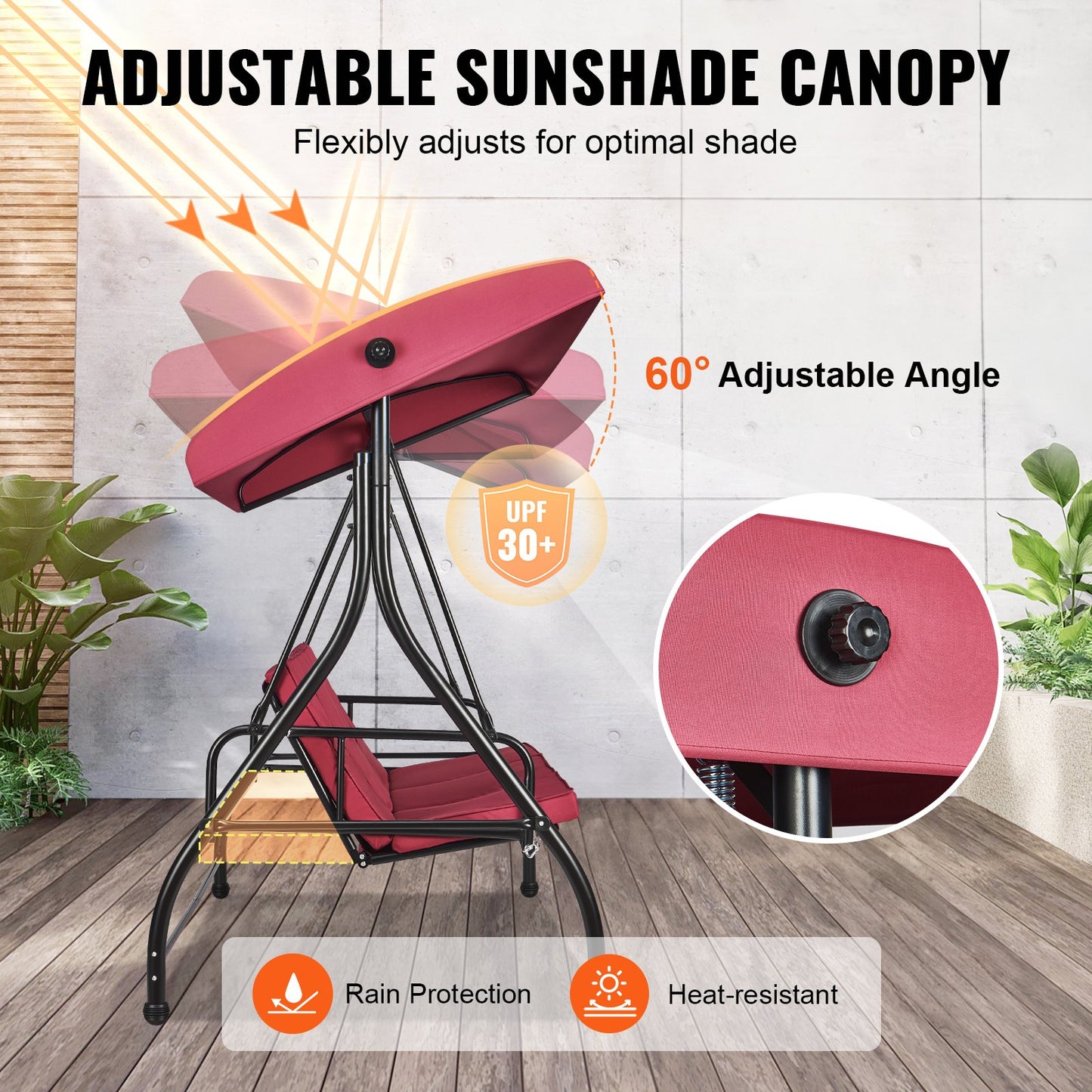 3-Seat Patio Swing Chair, Converting Canopy Swing, Outdoor Patio Porch with Adjustable Canopy, Removable Thick Cushion and Alloy Steel Frame, for Balcony, Backyard, Poolside, Burgundy