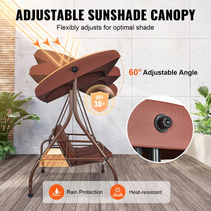 3-Seat Patio Swing Chair, Converting Canopy Swing, Outdoor Patio Porch with Adjustable Canopy, Removable Thick Cushion and Alloy Steel Frame, for Balcony, Backyard, Poolside, Brown