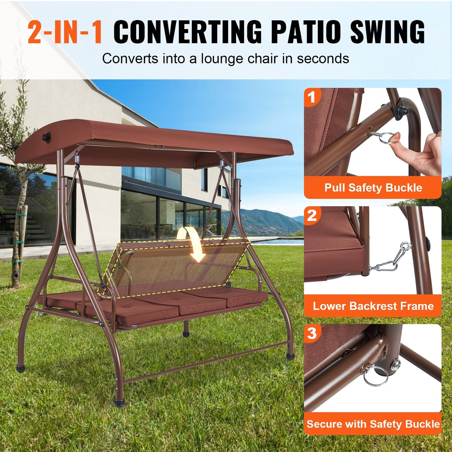 3-Seat Patio Swing Chair, Converting Canopy Swing, Outdoor Patio Porch with Adjustable Canopy, Removable Thick Cushion and Alloy Steel Frame, for Balcony, Backyard, Poolside, Brown