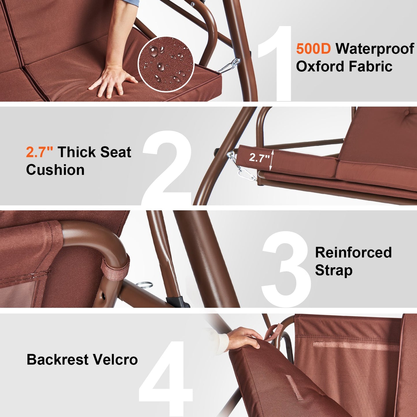 3-Seat Patio Swing Chair, Converting Canopy Swing, Outdoor Patio Porch with Adjustable Canopy, Removable Thick Cushion and Alloy Steel Frame, for Balcony, Backyard, Poolside, Brown