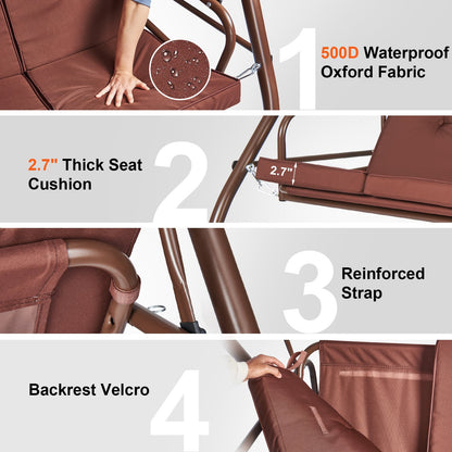 3-Seat Patio Swing Chair, Converting Canopy Swing, Outdoor Patio Porch with Adjustable Canopy, Removable Thick Cushion and Alloy Steel Frame, for Balcony, Backyard, Poolside, Brown