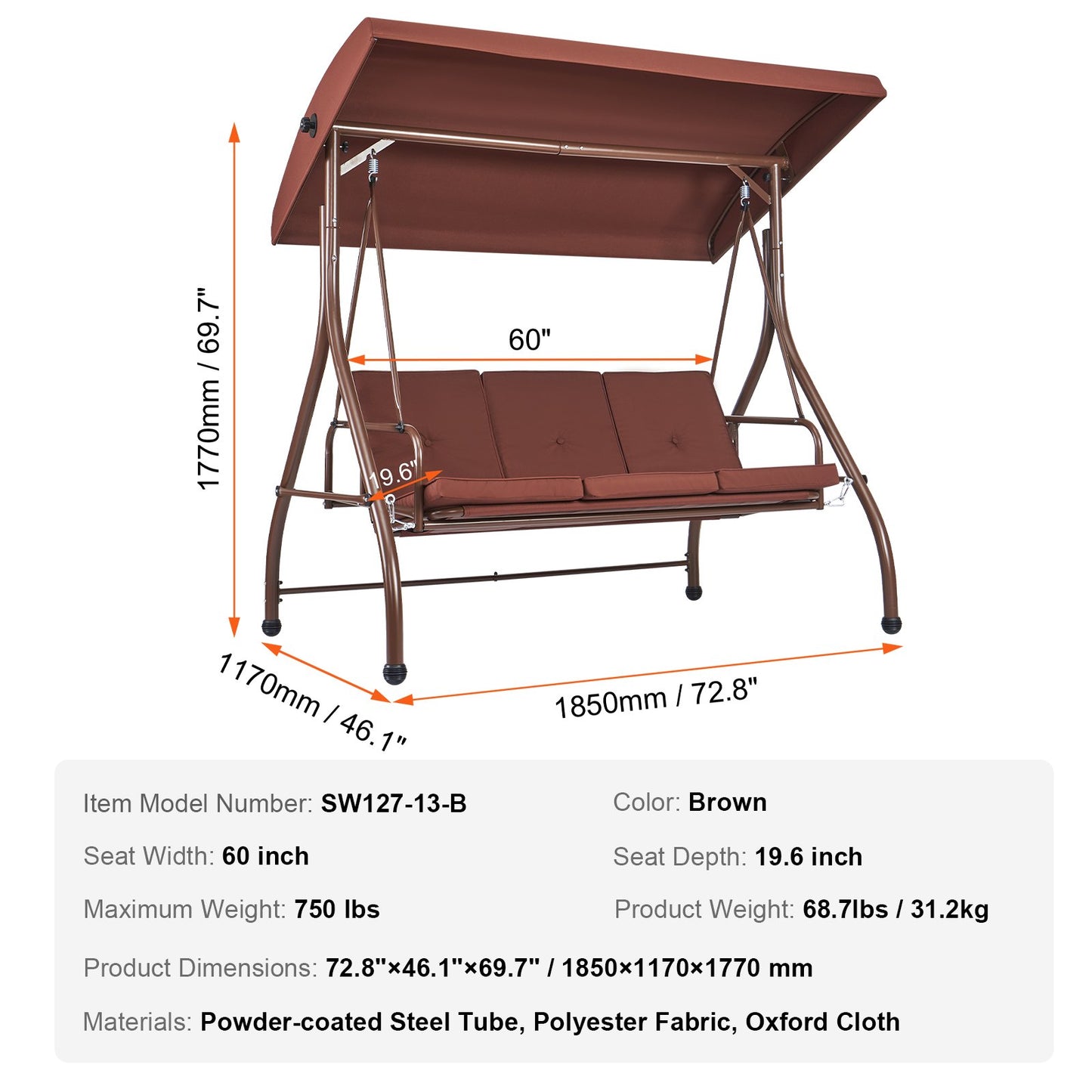 3-Seat Patio Swing Chair, Converting Canopy Swing, Outdoor Patio Porch with Adjustable Canopy, Removable Thick Cushion and Alloy Steel Frame, for Balcony, Backyard, Poolside, Brown