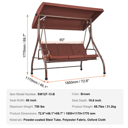 3-Seat Patio Swing Chair, Converting Canopy Swing, Outdoor Patio Porch with Adjustable Canopy, Removable Thick Cushion and Alloy Steel Frame, for Balcony, Backyard, Poolside, Brown
