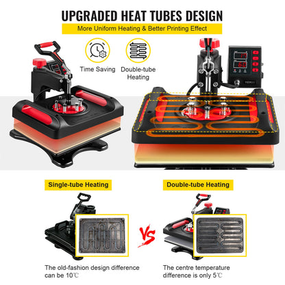 Heat Press Machine 30.5x38.1 cm 360° Rotation Swing Away Red Heat Press 5 In 1 Heat Press 1000W Sublimation Machine 5 In 1 Shirt Printing Machine Dual-Tube Heating for DIY Mugs And T-Shirts Cap