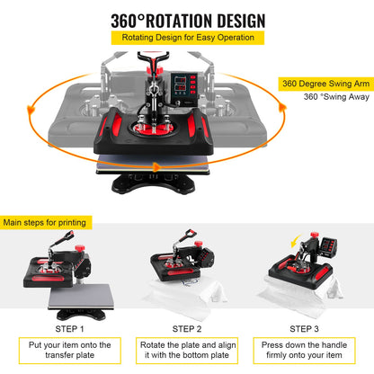 Heat Press Machine 30.5x38.1 cm 360° Rotation Swing Away Red Heat Press 5 In 1 Heat Press 1000W Sublimation Machine 5 In 1 Shirt Printing Machine Dual-Tube Heating for DIY Mugs And T-Shirts Cap