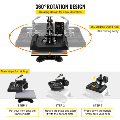 Heat Press Machine 12 x 15 Inch 5 In 1 Shirt Printing Machine 360° Rotation Swing Away Heat Press 5 In 1 Heat Press 1000W Sublimation Machine Dual-Tube Heating for DIY T-Mugs And Shirts Cap