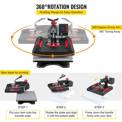 Heat Press Machine 38.1x38.1 cm 360° Rotation Swing Away Red Heat Press 5 In 1 Shirt Printing Machine 5 In 1 Heat Press 1000W Sublimation Machine Dual-Tube Heating for DIY Plates Cap Mugs