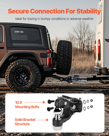Pintle Hook, 20000 lbs Towing Capacity, Trailer Hitches Receiver Hook Combination 2-inch Hitch Ball, Fits for 2.5 to 3-inch Lunette Ring with Mounting Kit, Wear-resistant, Black Powder Coat