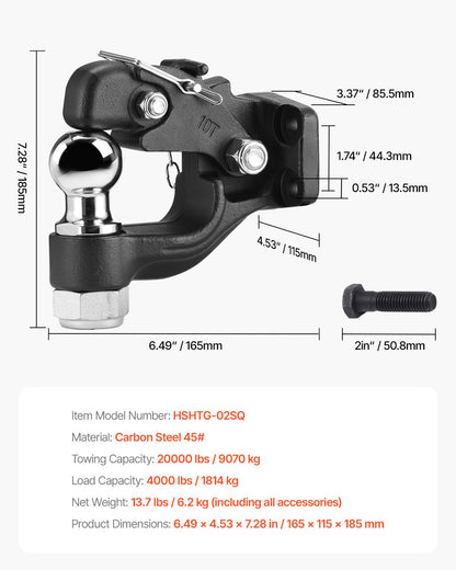 Pintle Hook, 20000 lbs Towing Capacity, Trailer Hitches Receiver Hook Combination 2-inch Hitch Ball, Fits for 2.5 to 3-inch Lunette Ring with Mounting Kit, Wear-resistant, Black Powder Coat