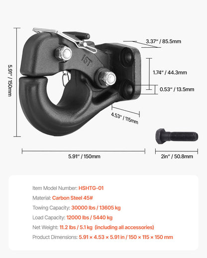 Pintle Hook, 30000 lbs Towing Capacity, Trailer Hitches Receiver Hook Fits for 2.5-inch to 3-inch Lunette Ring with Mounting Kit, Black Powder Coat, Wear-resistant, Suitable for Various Vehicles