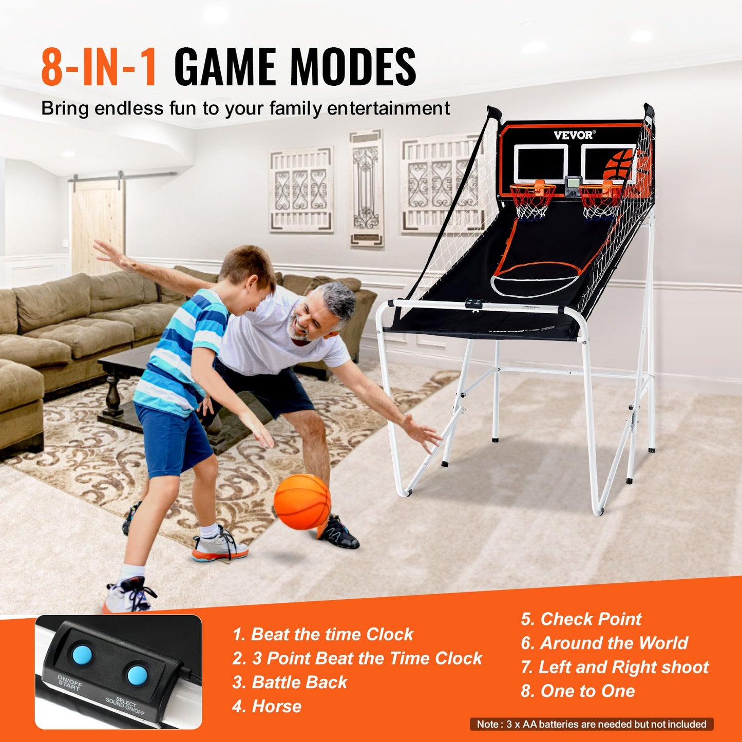 Foldable Basketball Arcade Game, 2 Player Indoor Basketball Game, Home Dual Shot Sport with 4 Balls, 8 Game Modes, LCD Electronic Scoreboard, and Inflation Pump, for Kids, Adults (Black & White)