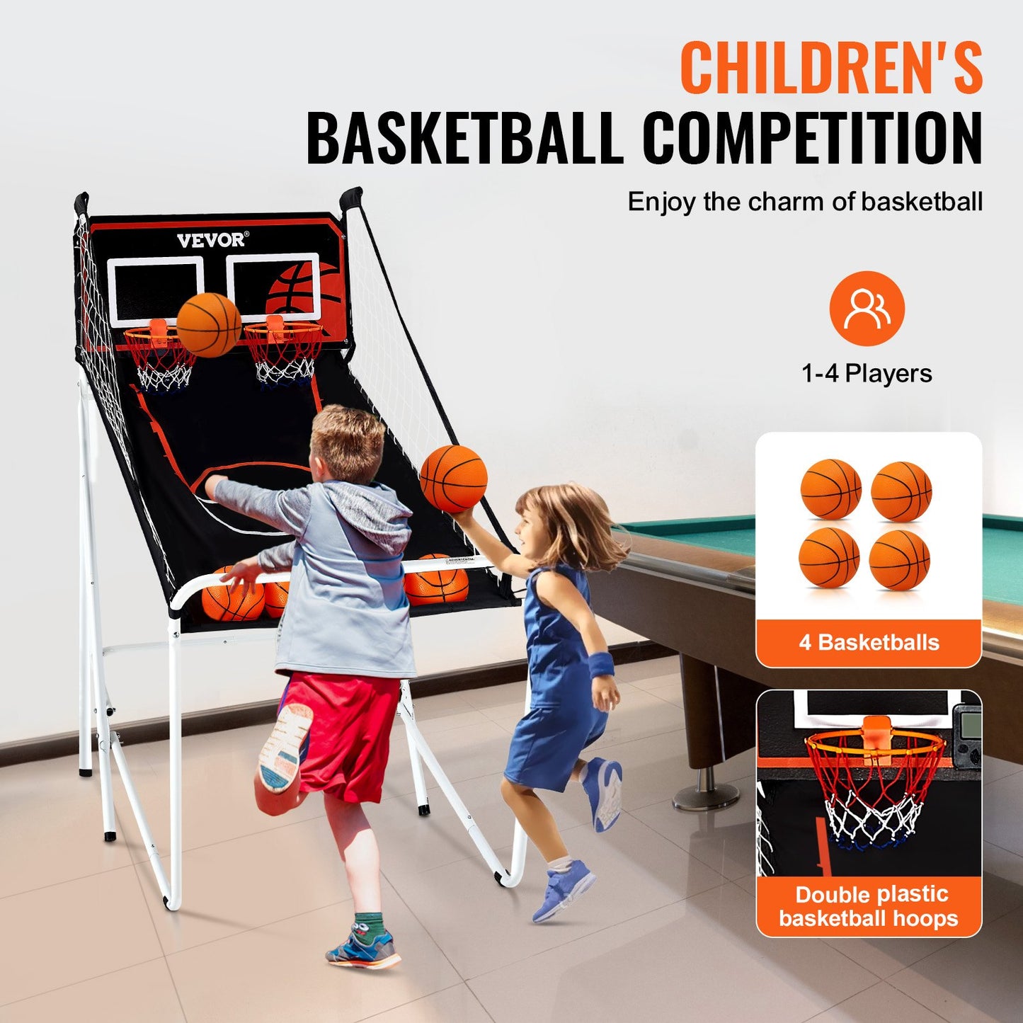 Foldable Basketball Arcade Game, 2 Player Indoor Basketball Game, Home Dual Shot Sport with 4 Balls, 8 Game Modes, LCD Electronic Scoreboard, and Inflation Pump, for Kids, Adults (Black & White)