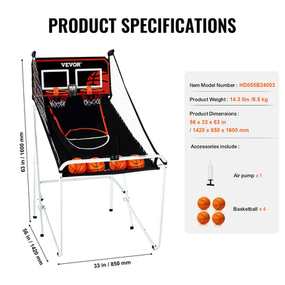 Foldable Basketball Arcade Game, 2 Player Indoor Basketball Game, Home Dual Shot Sport with 4 Balls, 8 Game Modes, LCD Electronic Scoreboard, and Inflation Pump, for Kids, Adults (Black & White)