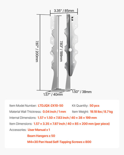 50 st. bjälklagsfästen, innermått 1,57 x 1,50 x 7,83 tum / 40 x 38 x 199 mm, takstolsfästen för hurricane-balkar med rostskyddande beläggning, förankringsfästen för golvdäck och takstolar