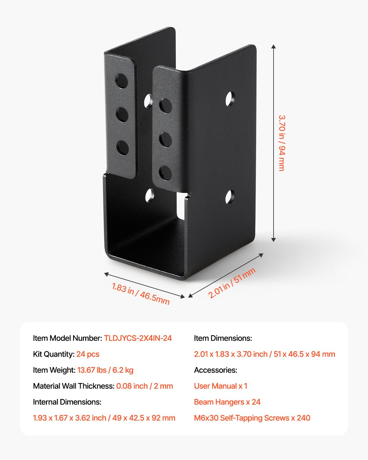 Concealed Joist Hanger, 2x4 Inch Outdoor Concealed-Flange Joist Bracket with Screws, Steel Light Joist Hangers for 1.93 x 3.62 Inch / 49 x 92 mm Beam, Swing, Fence, Wooden Slides, 24 Pcs