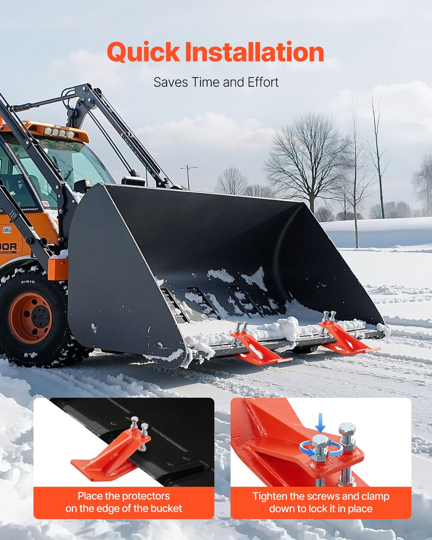 Skydd för traktorskopor, 2 st kraftiga kantskydd i stål för skopor, halkskydd för kantdämpare med dubbla sexkantsmuttrar och bultar, för snö, lövborttagning och grusspridning (orange)