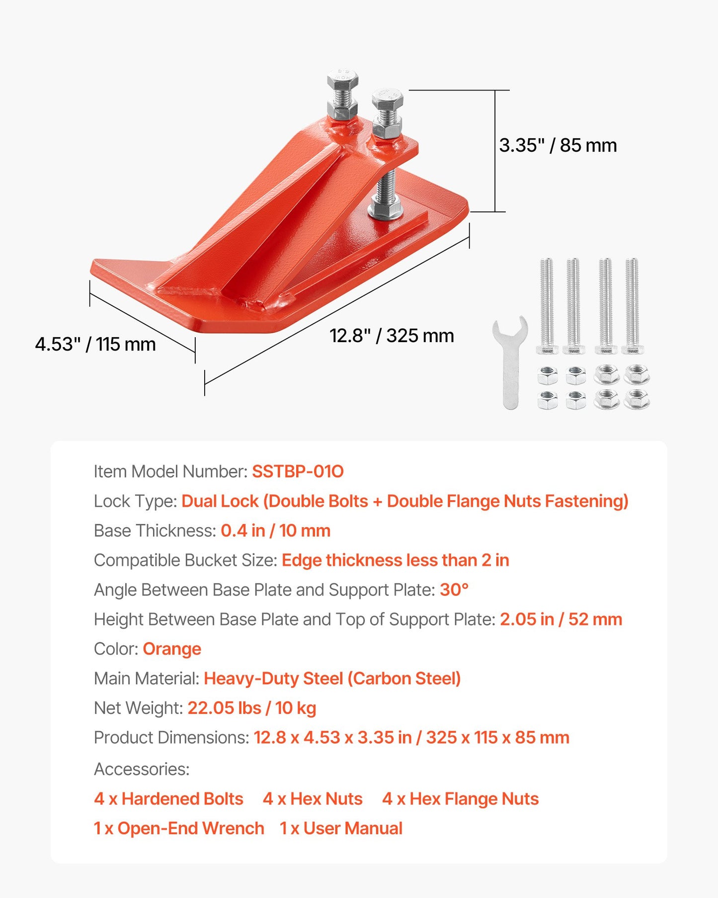 Skydd för traktorskopor, 2 st kraftiga kantskydd i stål för skopor, halkskydd för kantdämpare med dubbla sexkantsmuttrar och bultar, för snö, lövborttagning och grusspridning (orange)