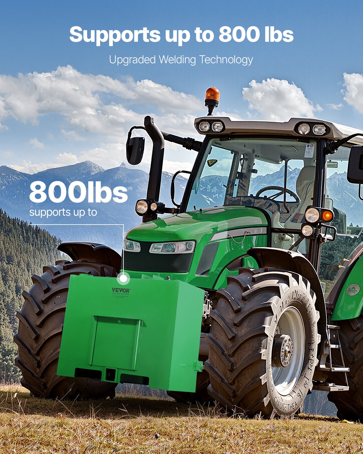 Ballastlåda, 3-punkts kategori 1 traktorballast med 800 lbs kapacitet, för 2-tums dragkrokfäste, kraftigt stål 4,3 ft³ storvolym lastarredskap med skjutdörr, grön