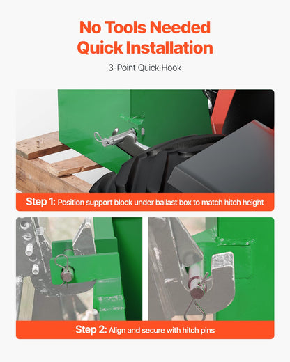 Ballastlåda, 3-punkts kategori 1 traktorballast med 800 lbs kapacitet, för 2-tums dragkrokfäste, kraftigt stål 4,3 ft³ storvolym lastarredskap med skjutdörr, grön