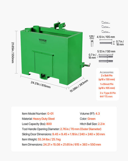 Ballastlåda, 3-punkts kategori 1 traktorballast med 800 lbs kapacitet, för 2-tums dragkrokfäste, kraftigt stål 4,3 ft³ storvolym lastarredskap med skjutdörr, grön