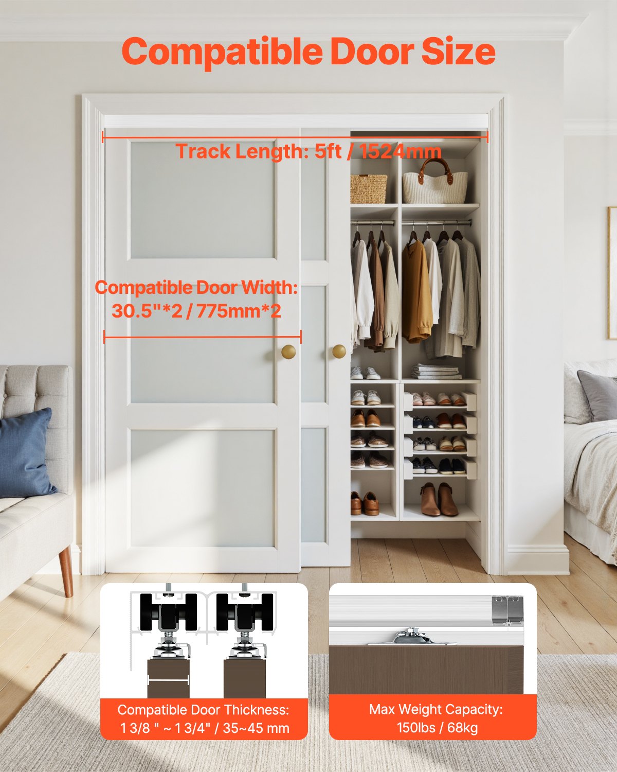 Bypass-dörrbeslag, 1,5 m kraftig bypass-skjutdörrsbeslagsats, skjutdörrsbeslag i aluminiumlegering för 2-dörrssystem, passar dörrtjocklek 3,8 cm - 3,8 cm, enkel att installera