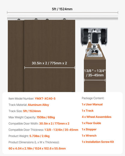 Bypass-dörrbeslag, 1,5 m kraftig bypass-skjutdörrsbeslagsats, skjutdörrsbeslag i aluminiumlegering för 2-dörrssystem, passar dörrtjocklek 3,8 cm - 3,8 cm, enkel att installera