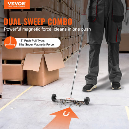 Magnetisk sopmaskin med hjul, 15-tums minimagnetisk sopmaskin, 3,6 kg kapacitet, justerbart handtag, lätt magnetisk uppsamlingssopmaskin för att plocka upp spikar och skruvar, enkel rengöring av verkstadsgaraget