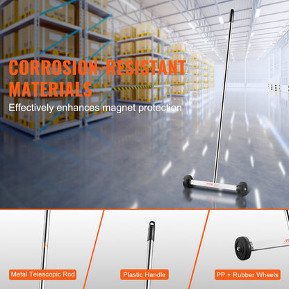 Magnetisk sopmaskin med hjul, 15-tums minimagnetisk sopmaskin, 3,6 kg kapacitet, justerbart handtag, lätt magnetisk uppsamlingssopmaskin för att plocka upp spikar och skruvar, enkel rengöring av verkstadsgaraget