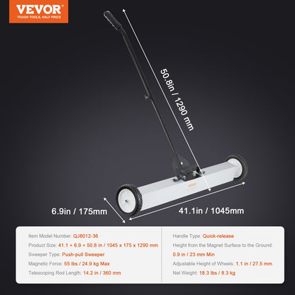 24,9 kg rullande magnetisk sopmaskin med hjul, magnetisk uppsamlingssopmaskin med tryckfunktion, 24-tums stor magnetisk uppsamlingssopmaskin med teleskophandtag, enkel rengöring av verkstad, garage och gårdsplan