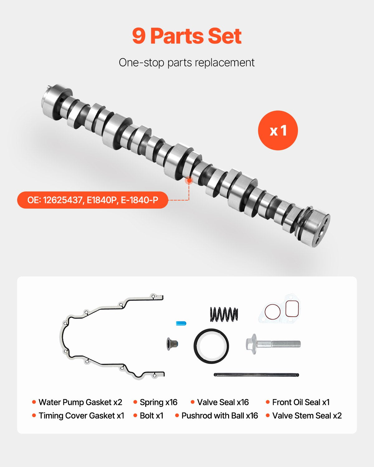 Camshaft Kit, 9-Piece Set, Includes Timing Gasket, Pushrods Springs & Seals, Compatible with 1999-2013 GM Gen3/4 Norris Trucks, Fits LS1, LS2, LS6, LQ4, LQ9 Engines, OE 12625437 E1840P E-1840-P