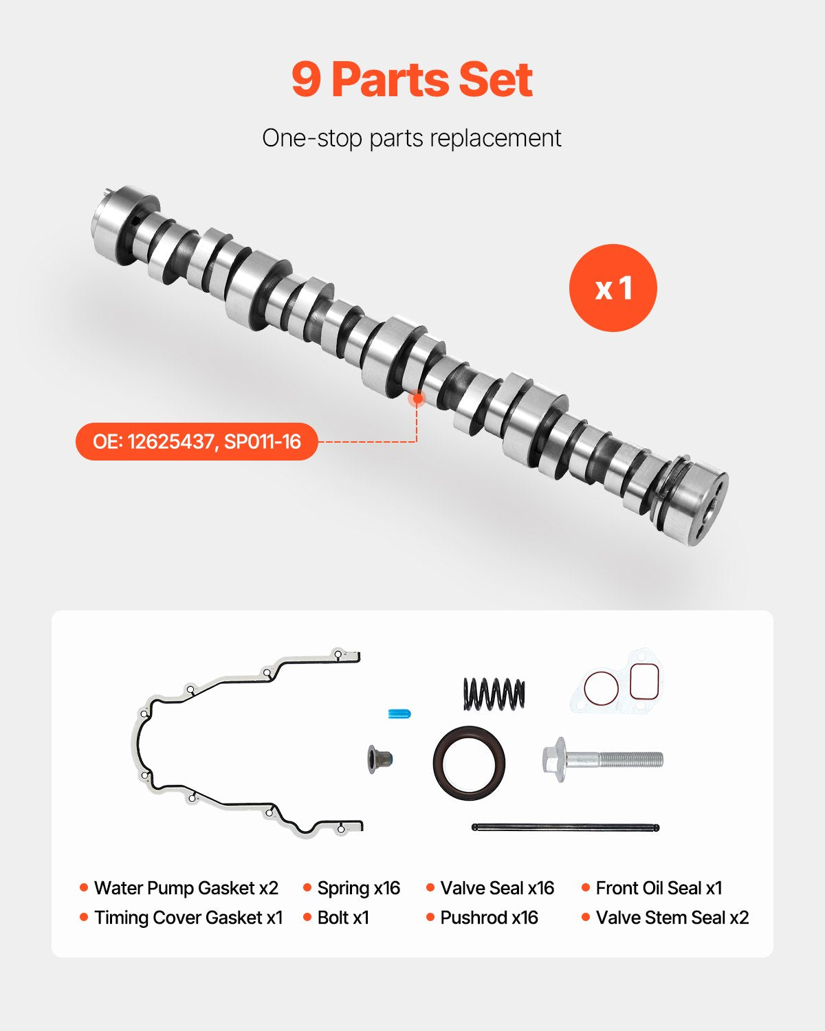 LS Truck Cam Kit, 9-Piece Set, Includes Timing Gasket, Pushrods Springs & Seals, Compatible with 1999-2013 GM Gen3/4 Norris Trucks, Fits 4.8L, 5.3L, 6.0L, 6.2L LS Engines, OE 12625437 SP011-16