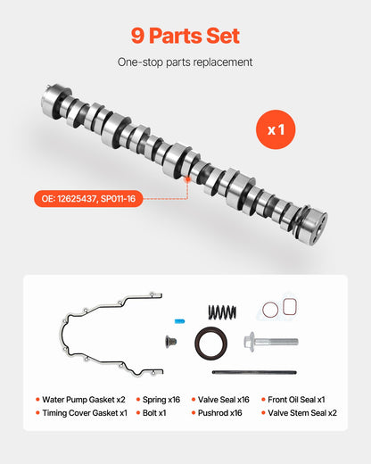 LS Truck Cam Kit, 9-Piece Set, Includes Timing Gasket, Pushrods Springs & Seals, Compatible with 1999-2013 GM Gen3/4 Norris Trucks, Fits 4.8L, 5.3L, 6.0L, 6.2L LS Engines, OE 12625437 SP011-16