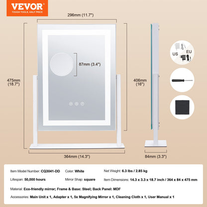 Vanity Mirror with Lights, Three Color Lighting Modes, Lighted Makeup LED Mirror, and 5X Magnification Mirror, Smart Touch Control, 360°Rotation (16.1x11.8 in, White)