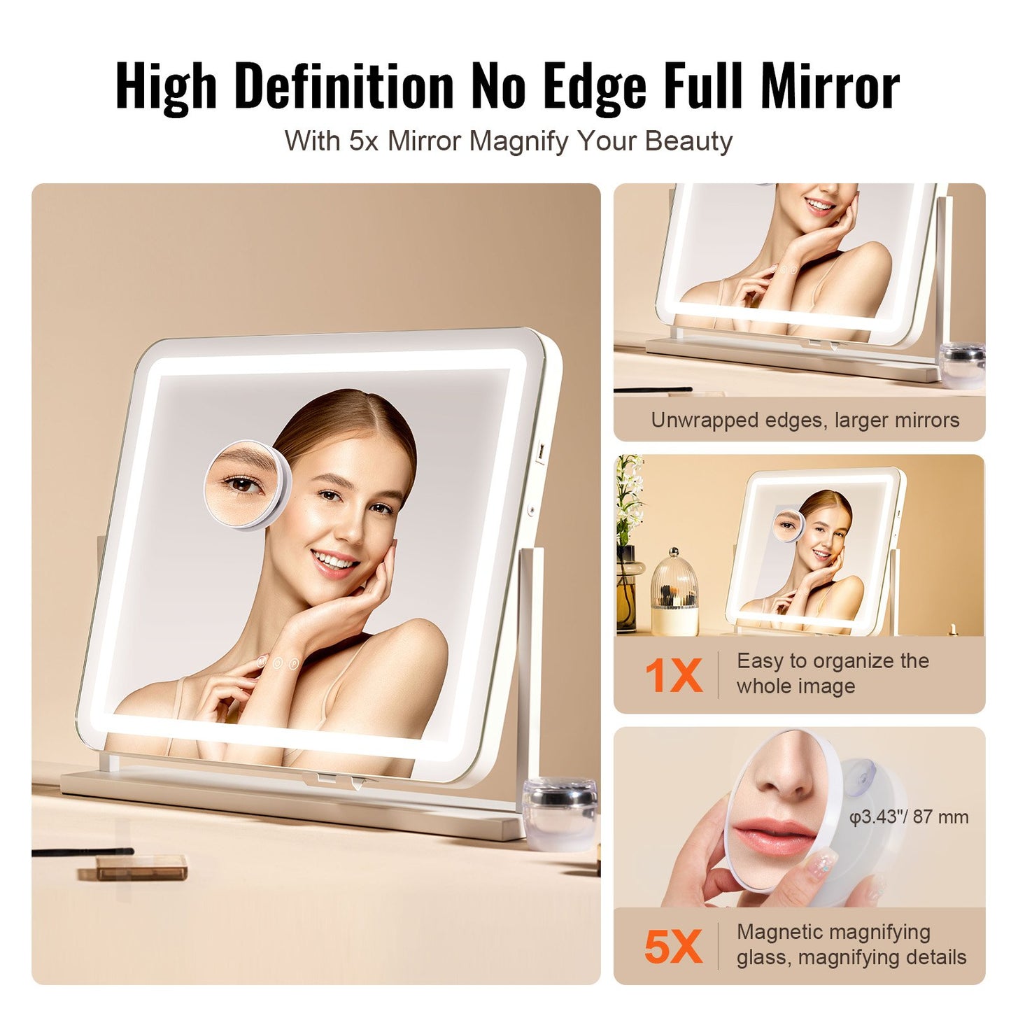 Vanity Mirror with Lights, Three Color Lighting Modes, Lighted Makeup LED Mirror, and 5X Magnification,USB Port, Smart Touch Control, 360°Rotation (21.7x17.7 in, White)