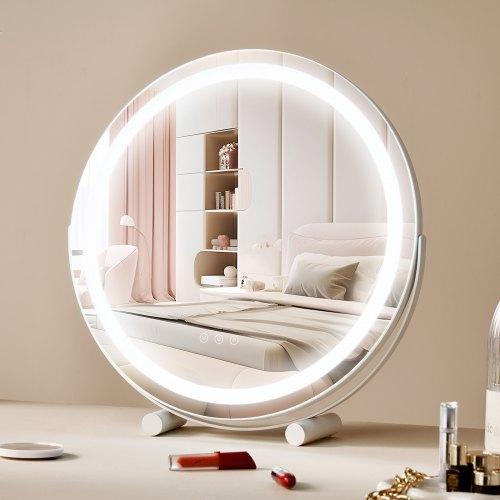 20” sminkspegel med belysning, LED-sminkspegel med 3 färger, med 5x förstoringsspegel, smart pekskärm, 360° rotation, rund sminkspegel med belysning för sovrumsbord (vit)