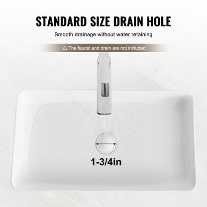 Rektangulärt handfat, 61 x 33 cm, bänkskiva för badrum, vita keramiska handfat ovanför bänkskiva, modern stil, ljus och elegant, välförpackad för badrum, hotell, toalett, husbil