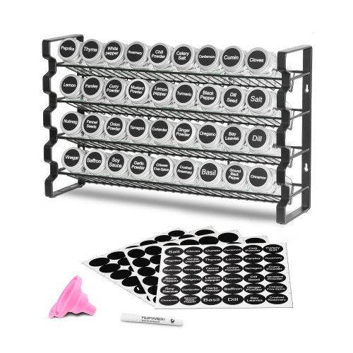 Kryddställ för skåp, kryddorganisatör med 36 tomma kryddburkar, lock, kryddetiketter och tratt komplett set, kryddorganisatör för bänkskiva, kök, skafferi, skåp, 45x28 cm