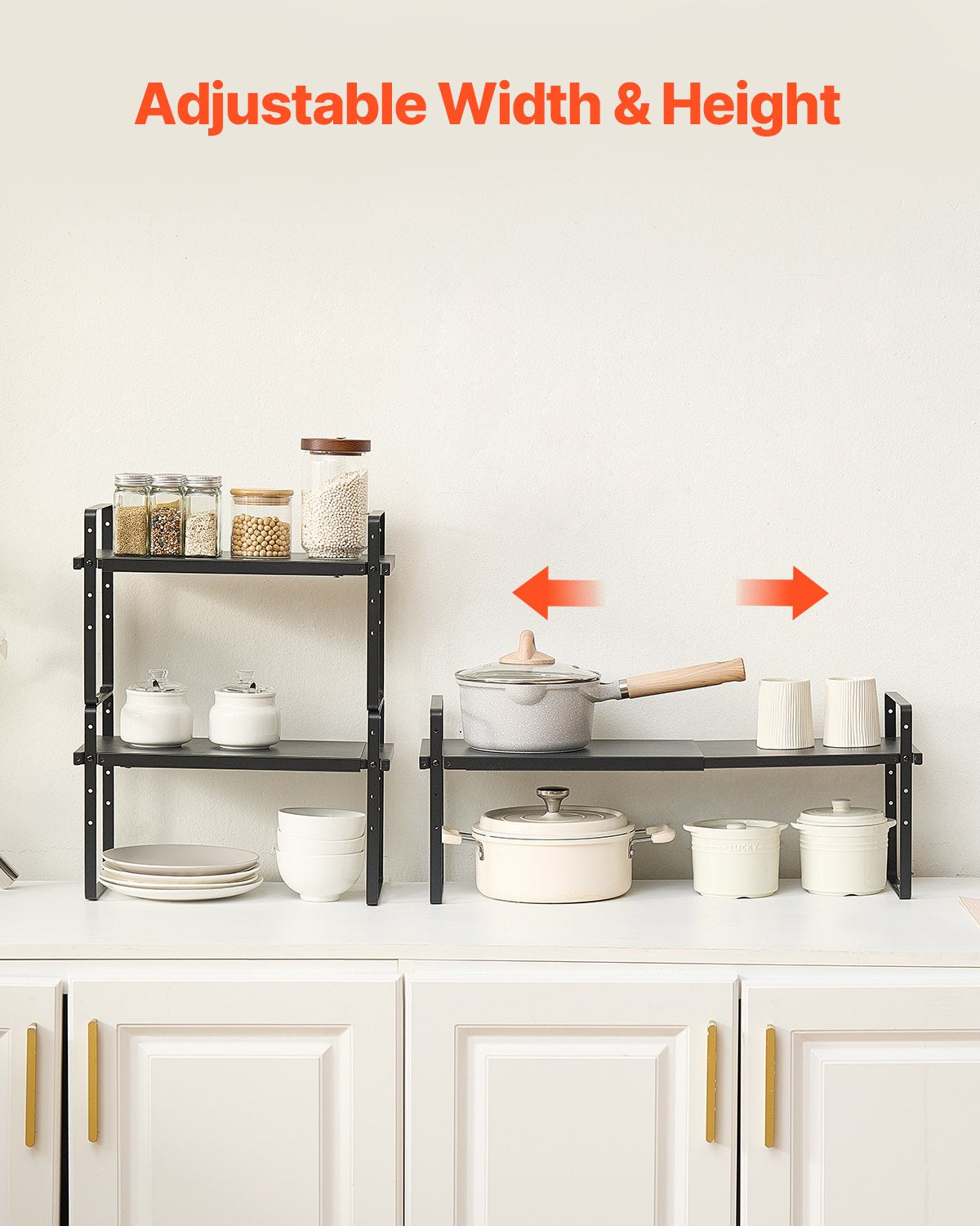 Justerbar köksskåpshylla, Expanderbar 2-vånings skåphylla, Stapelbara bänkskivor och förvaringshyllor, Skafferiorganisatörer för kök, badrum, kontor, svart