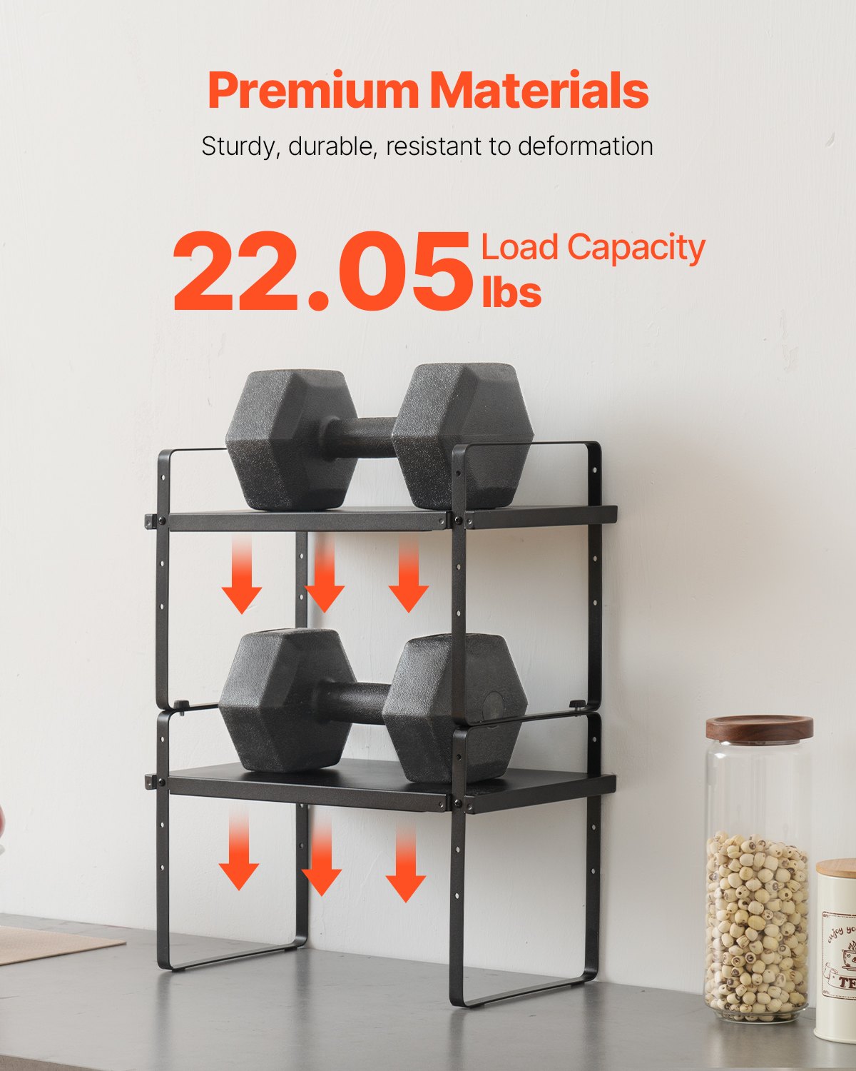 Justerbar köksskåpshylla, Expanderbar 2-vånings skåphylla, Stapelbara bänkskivor och förvaringshyllor, Skafferiorganisatörer för kök, badrum, kontor, svart