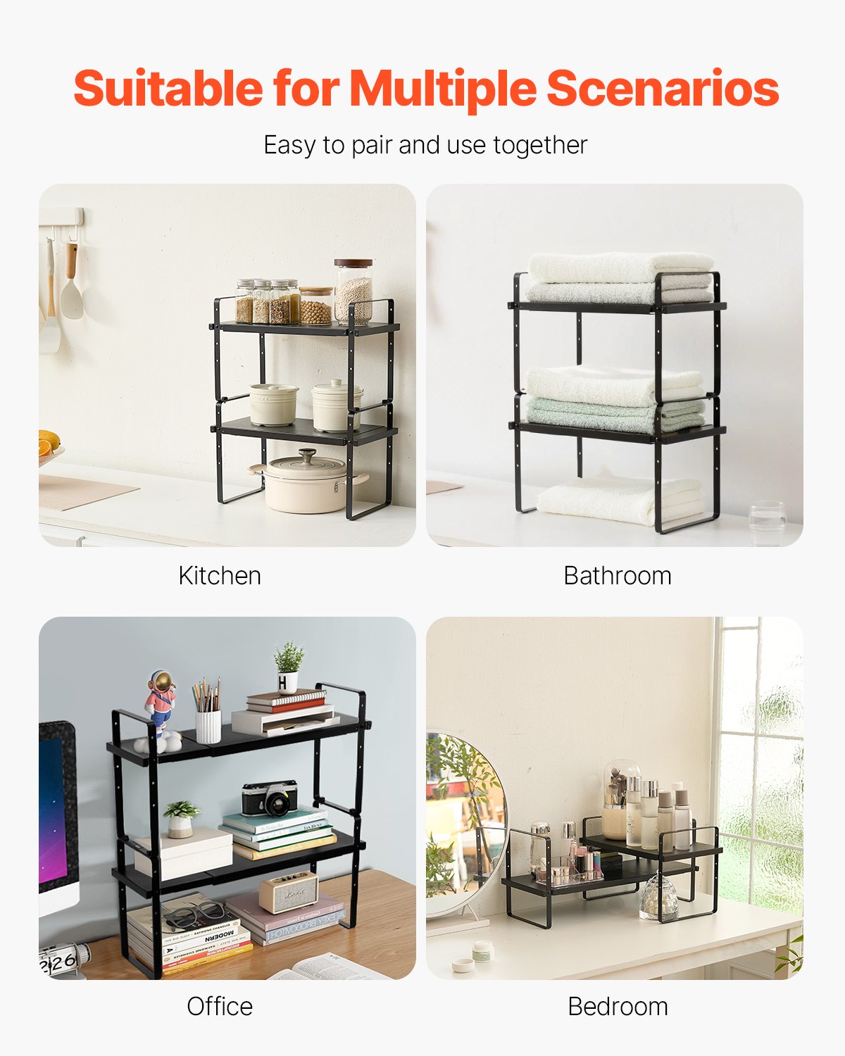 Adjustable Kitchen Cabinet Shelf Organizer, Expandable 2 Tier Cabinet Shelf, Stackable Countertop Organizers and Storage Shelf Risers, Pantry Organizers for Kitchen Bathroom Office, Black