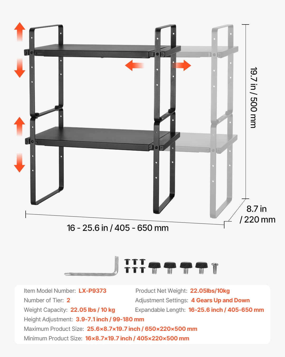 Justerbar köksskåpshylla, Expanderbar 2-vånings skåphylla, Stapelbara bänkskivor och förvaringshyllor, Skafferiorganisatörer för kök, badrum, kontor, svart